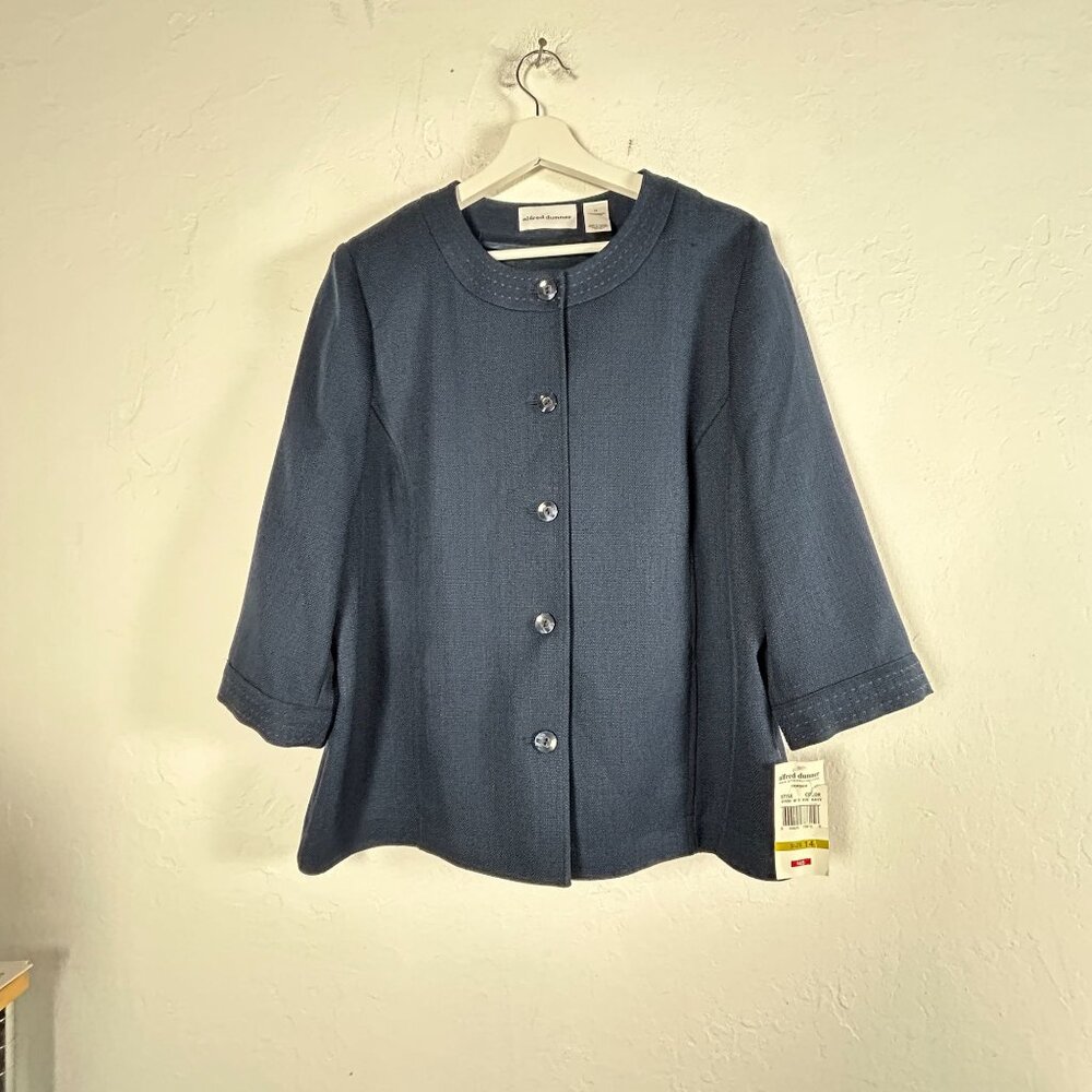 Alfred Dunner Womens Navy Textured Button-Front Blazer Jacket Size 14 Career New